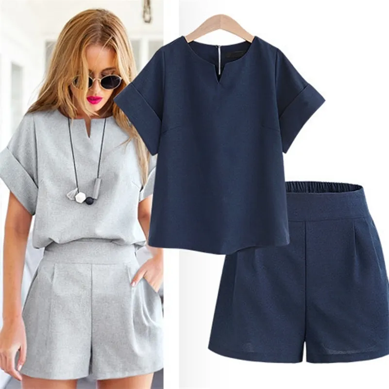 Femmes été décontracté coton lin col en v à manches courtes hauts + shorts deux pièces ensemble femme bureau costume ensemble femmes Costumes 210518