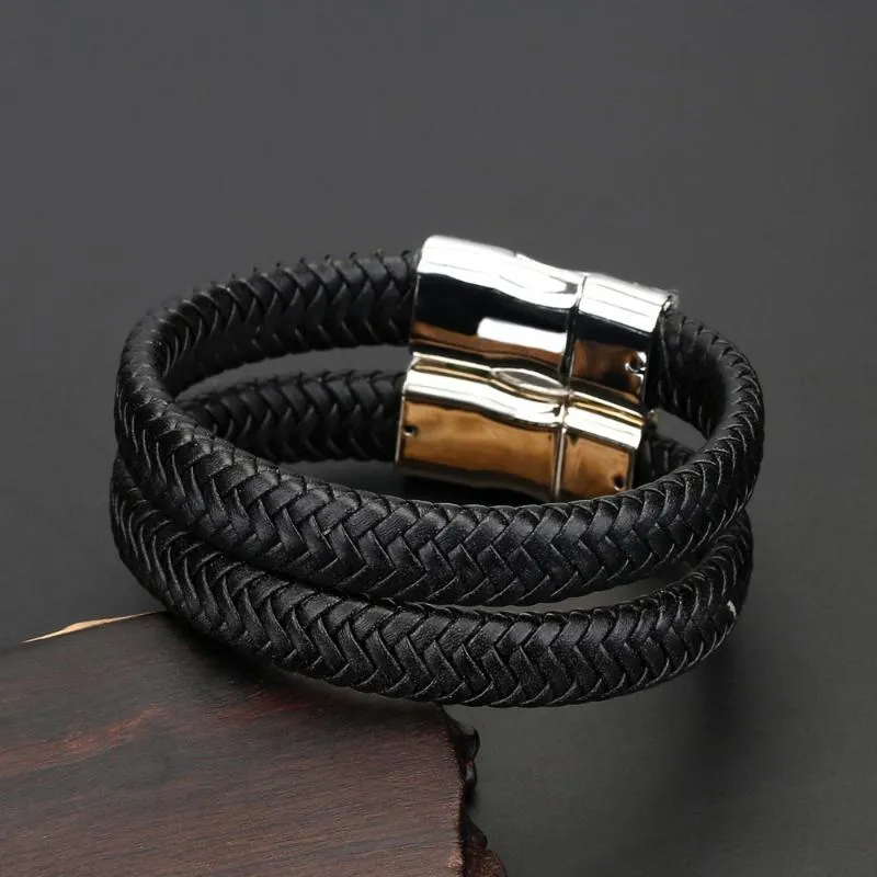 Charme dos homens Bangle Jóias de pulso de couro de couro Liga de zinco Bracelete amigo Gram Hand-Woven cordão magnético para meninos