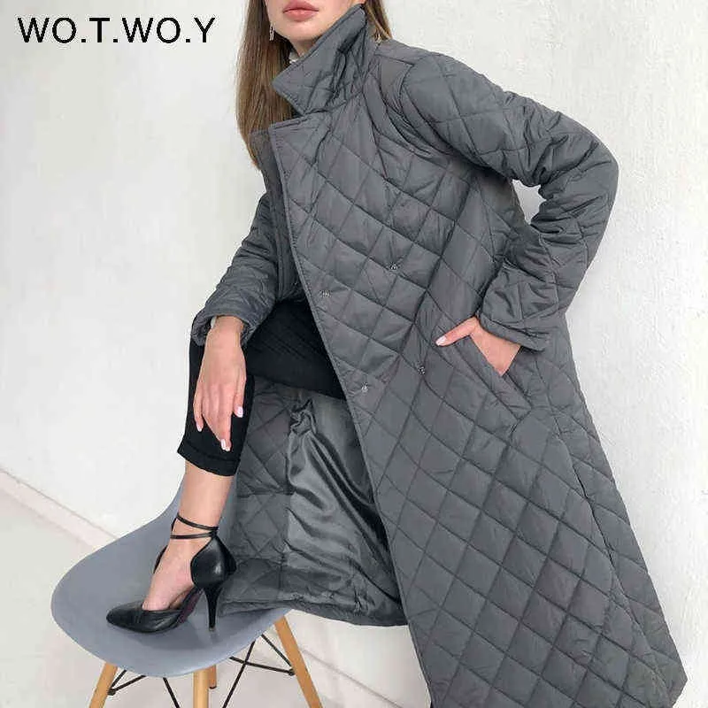 Wotwoy Argyle Long Algodão-acolchoado Parkas Mulheres Belted Grosso Quente Quente Jaqueta Casual Casual Casacos Sólidos Casacos Feminino Overcoat 211130