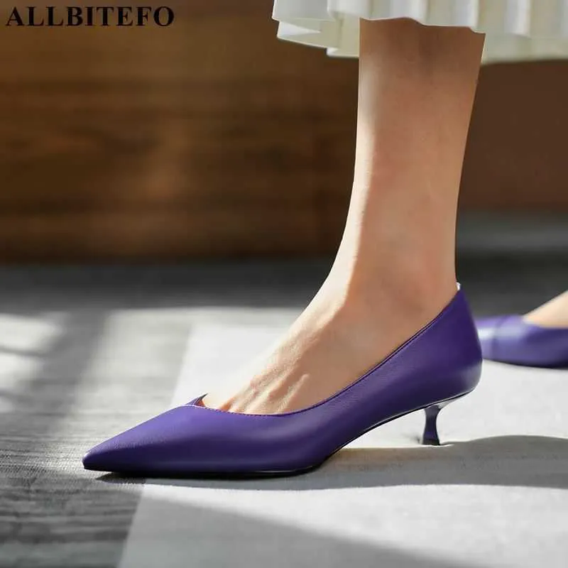 ALLBITEFO Размер 33-41 Мягкие настоящие натуральные кожи Высокие каблуки заостренные носки фиолетовые моды сексуальные женщины каблуки обувь на каблуках 210611