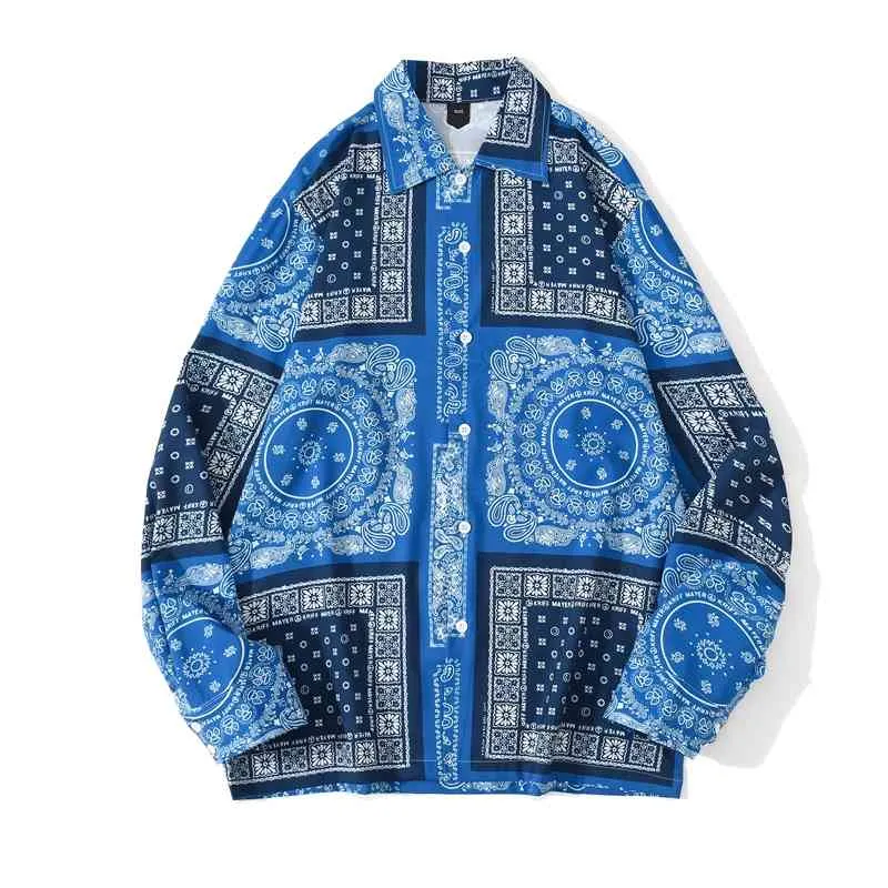 Bahar NW Mavi Bandana Gömlek Baskı Retro Turn-down Yaka Sokak Uzun Kollu Rahat S Bluz Artı Boyutu 210510