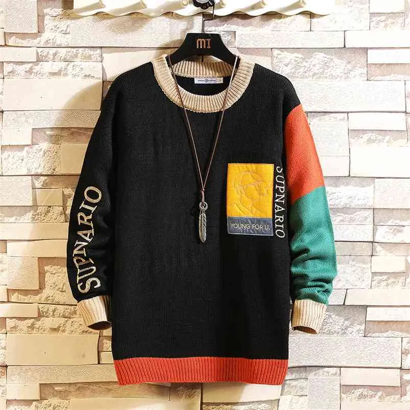 Sweaters Men'S Black Patchwork Long Sleeves Autumn Winter Pullover Knitted O-Neck Plus OverSize 5XL 210813