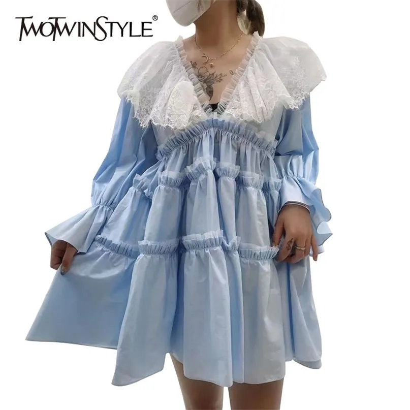 Сладкое пэчворк кружевное платье для женщин v шеи фонарик с длинным рукавом свободно хит цветные мини женские лето 210520