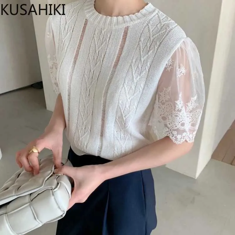 Siatka Koronka Krótki Rękaw Patchwork Dzianiny Top Causal O-Neck Ice Silk Knitwear Kobiety Lato Elegancka Jumper 6H150 210603