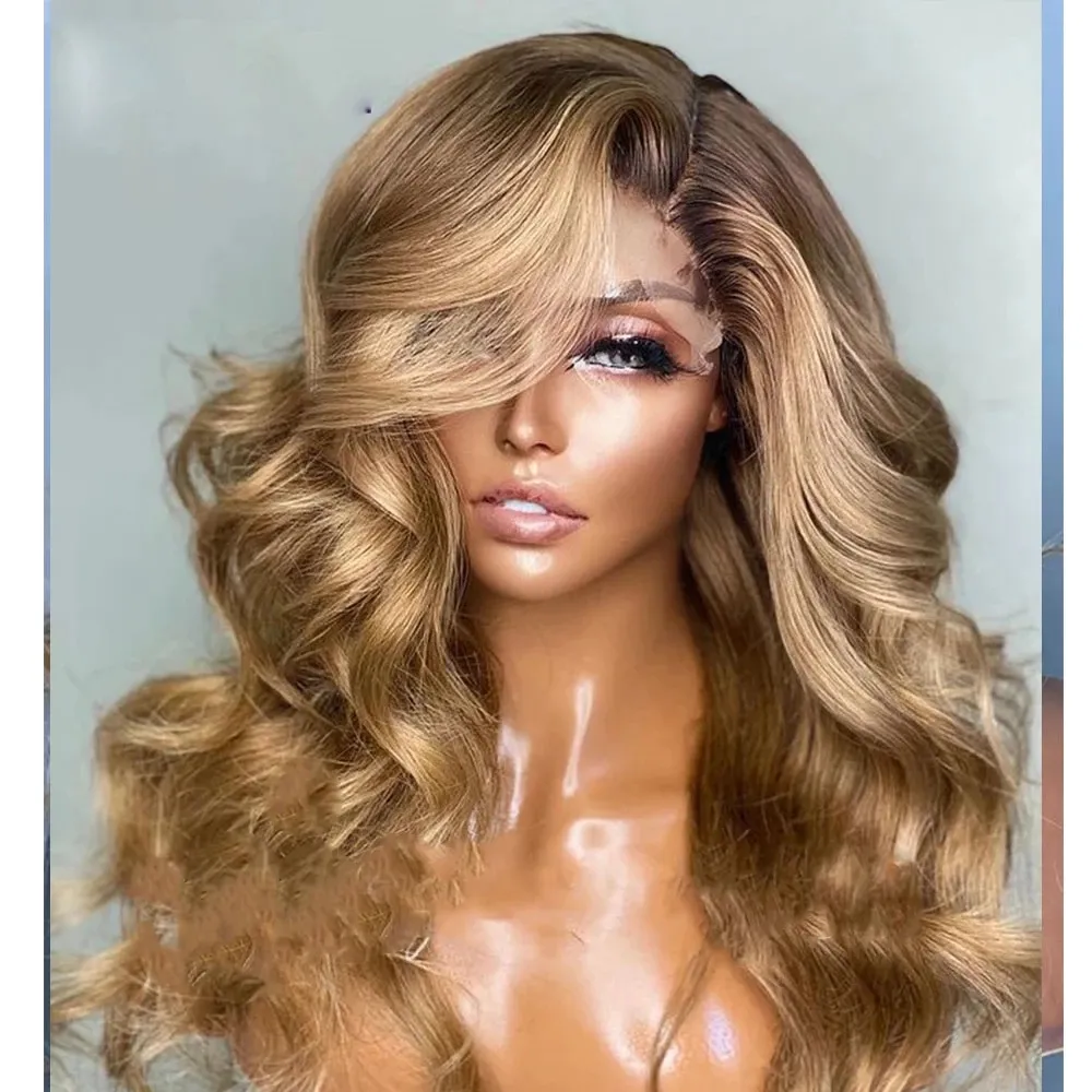 Ombre Dark Light Brown 13x6 Transprent Lace Front Parrucca per capelli umani Highlight Body Wave 360 Frotnal Pre Pluck con Baby Hair T Part