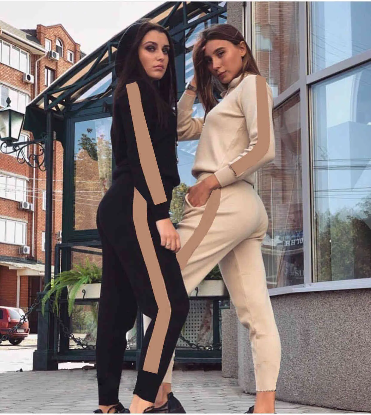 Womens Casual Long Sleeve Two piece Jogger Set Tracksuit Sweat Suits Black Plus Size S XL