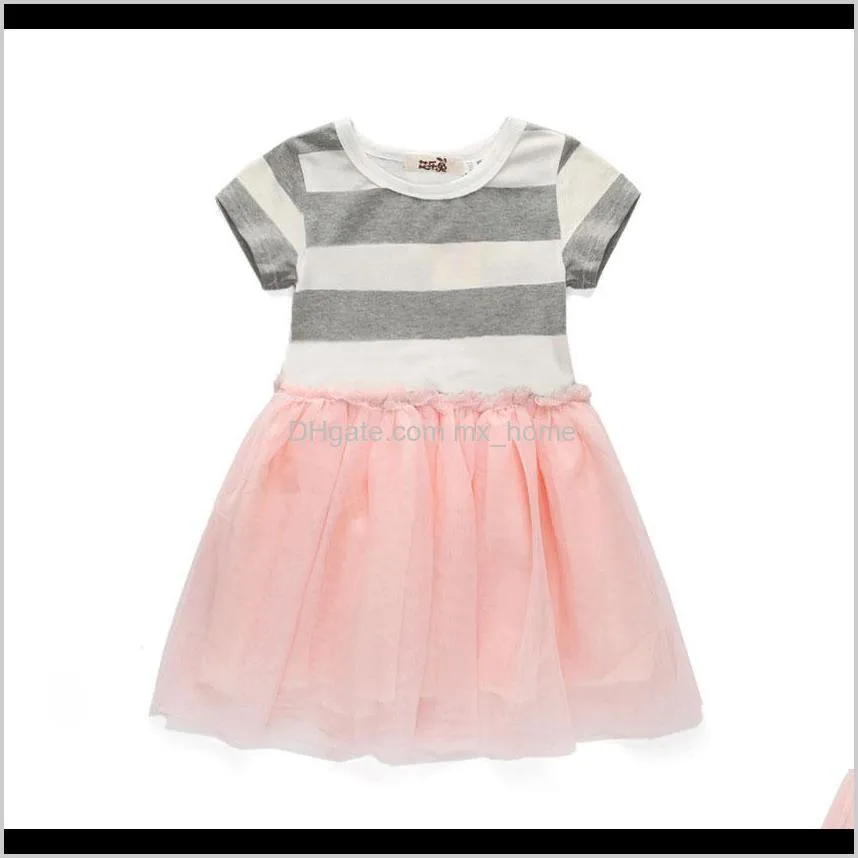 gairls summer casual dress striped short net yarn splicing dresses children`s party clothes kis princess ball gown clothes