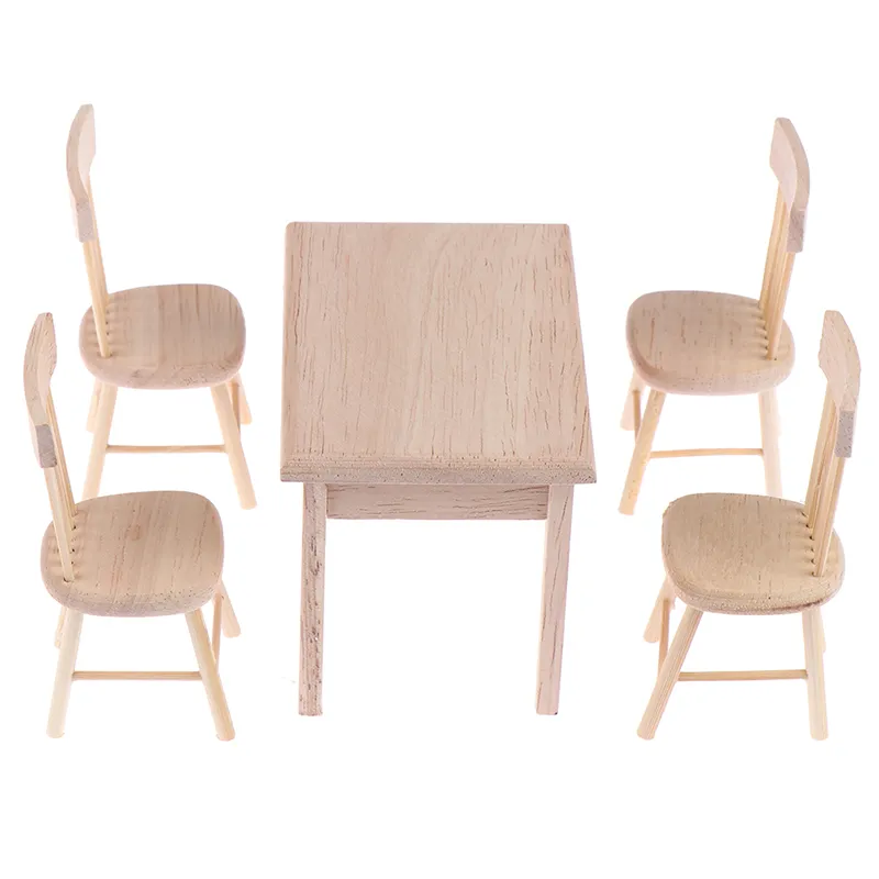 5 sztuk / zestaw jadalnia stół krzesło model 1:12 Dollhouse miniaturowe drewniane meble zabawka zestaw DIY