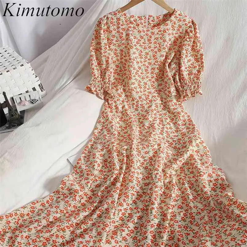 KIMUTOMOエレガントな印刷穏やかなドレス女性甘い花服夏韓国の首の短いパフスリーブvestido 210521