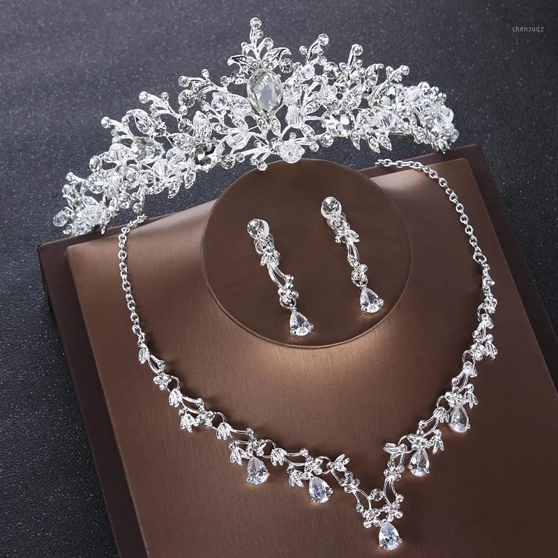 Ohrringe Halskette Barock Luxus Silber Farbe Kristall Herz Brautschmuck Sets Halsketten Tiaras Krone Hochzeit Perlen Afrikanisch