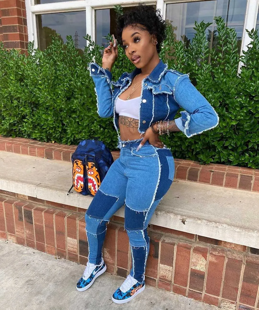 2021 Womens Denim Patchwork Tracksuit Set Active Wear Fall Jackets