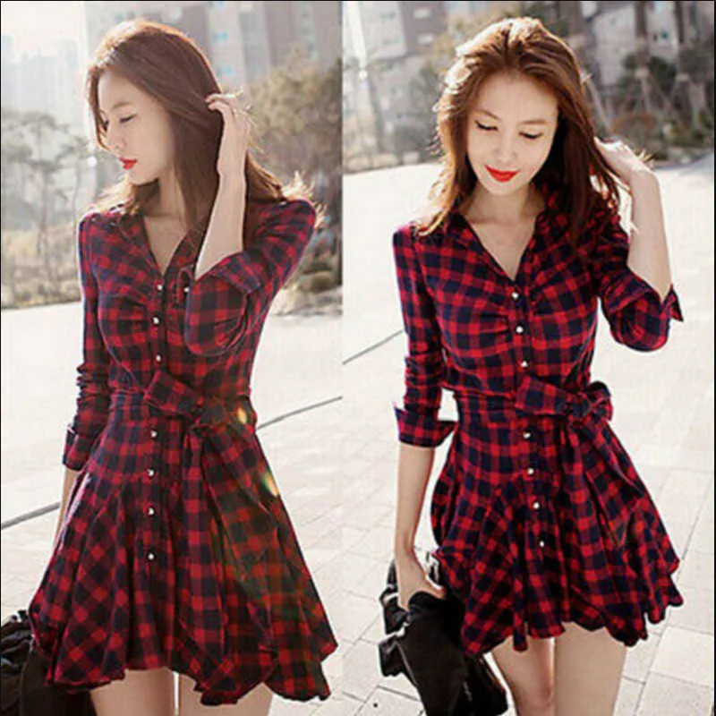 Mode Frauen Dame Langarm Rüschen Büro Damen Casual Flanell Plaid Check Button Down Top Schicht Hemd Kleid X0705