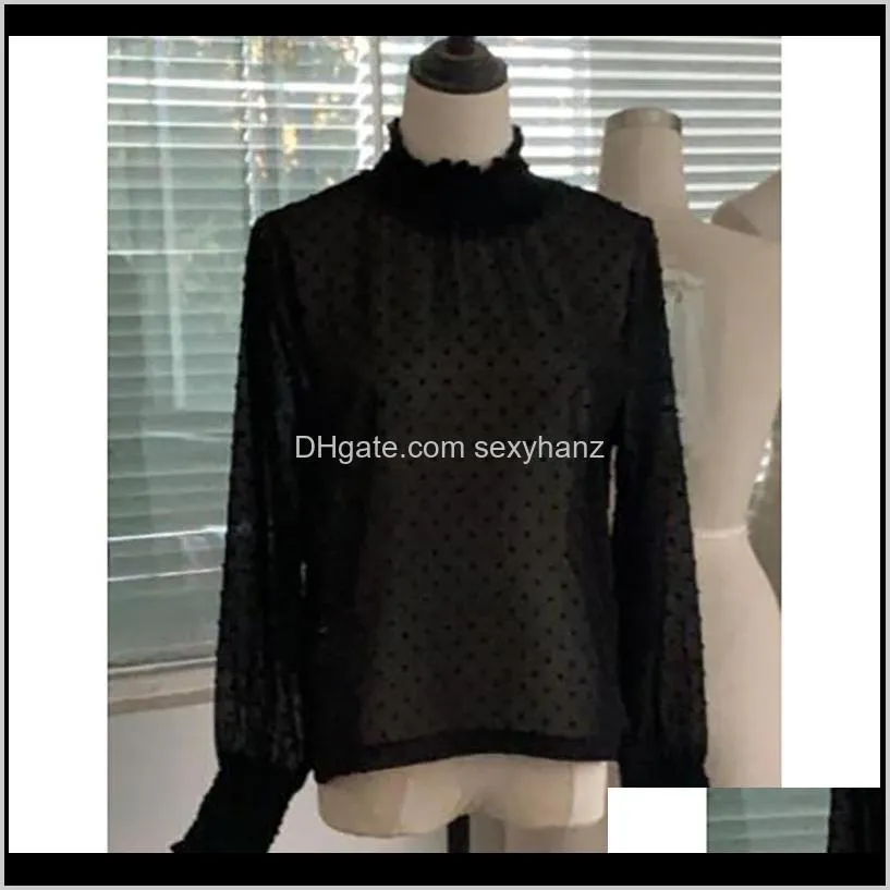 women sexy blouses shirts see-through high neck dot mesh sheer long puff sleeve tops shirt blouse summer ladies streetwear new1