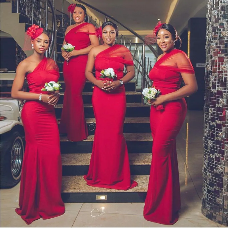 Elegant African Mermaid Bridesmaid Dresses 2021 One Shoulder Red Long Wedding Party Dress Customize Vestido De Fiesta De Boda