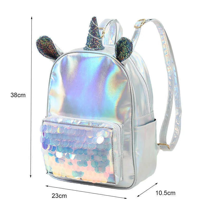 Mochila pequeña de unicornio plateado para mujer, bolso de cuero Pu para niños y niñas, bolsos pequeños de dibujos animados de tela holográfica, bolsos de lentejuelas para niños X0529