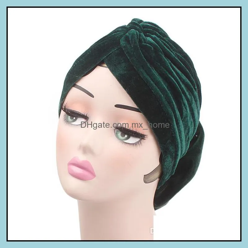 New Beaded King Beaded Flower Velvet Turban Muslim Hat Hijab Cap Turban Hair Band Women Wedding