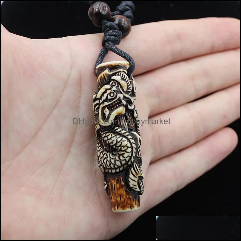 Lots Wholesale 12pcs COOL Boy men`s Simulation Bone Carving Totem Dragon Pendant Wood Beads Amulet Pendant Necklace Lucky Gift XL76