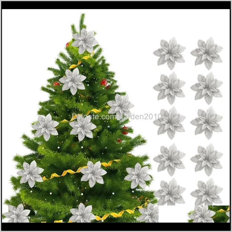 10pcs artificial flowers for decoration glitter poinsettia fake flowers diy home wedding decoration flower head christmas1