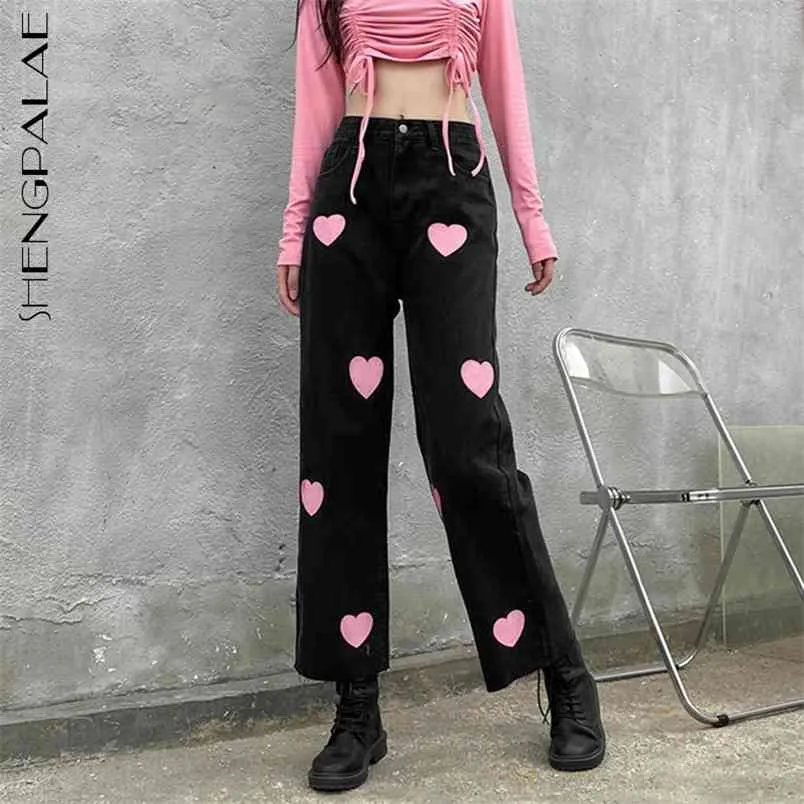 Streetwear Pink Sweet Love Printing Jeans Kvinnors Vår Hög Midja Straight Tube Denim Byxor Kvinna 5b555 210427