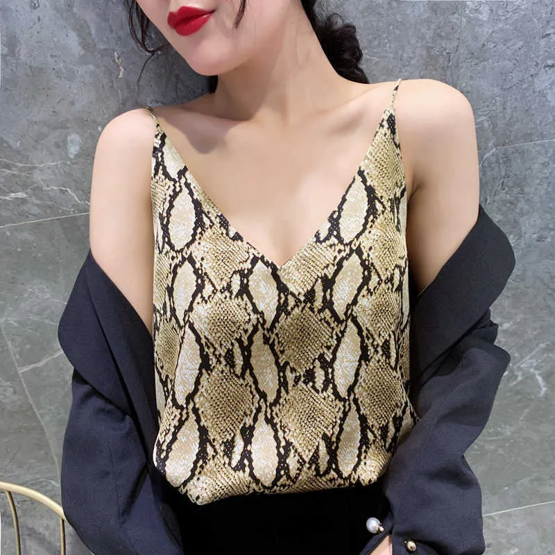 Mode Leopard Silk Toppar Kvinnor Satin Tank Kvinna Sexig Plus Storlek V-Neck Snake Print Tees Streetwear Camis Lady 210531