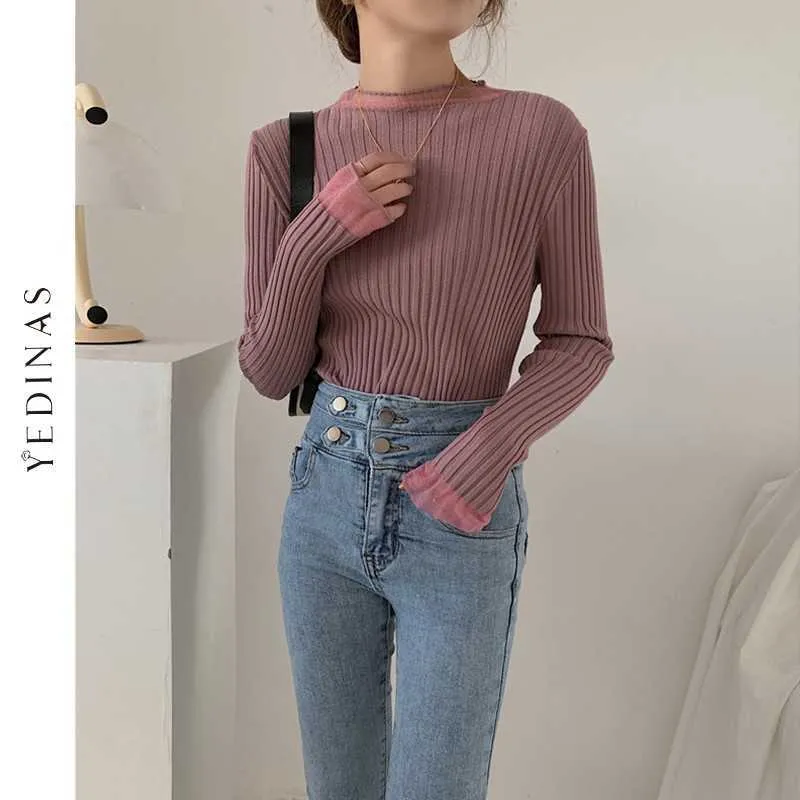 Yedinas Koreansk stil Strikkad Långärmad Sweater Mesh Patchwork Chic Fashion Pullover Kvinna Solida Tröjor Casual Slim Knitwear 210527