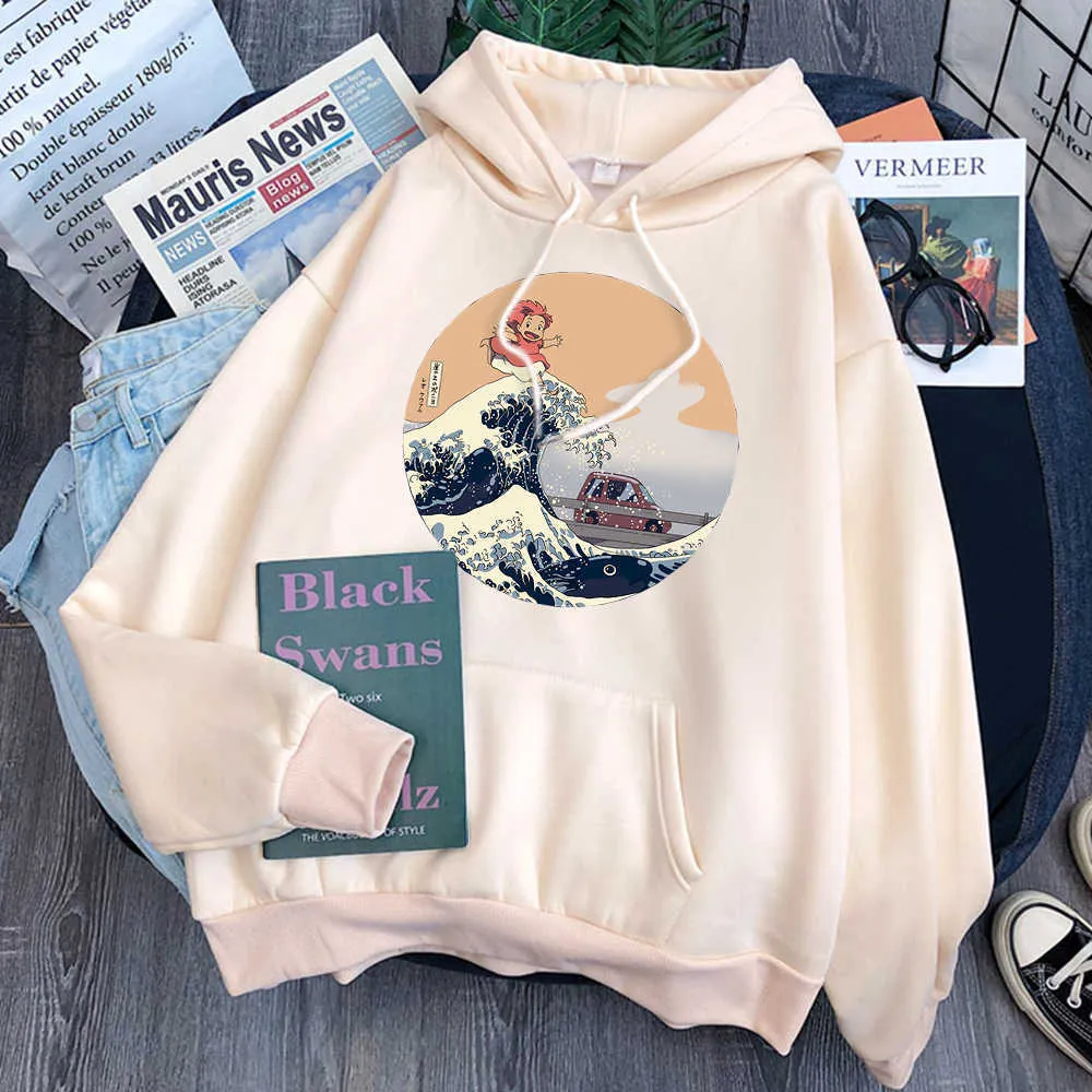 Hokusai på klippan vid havet Skriv ut Hoodies Man Pocket Långärmad Casual Hooded Pullover Tecknat Hoody Top Anime Hoodies H0909