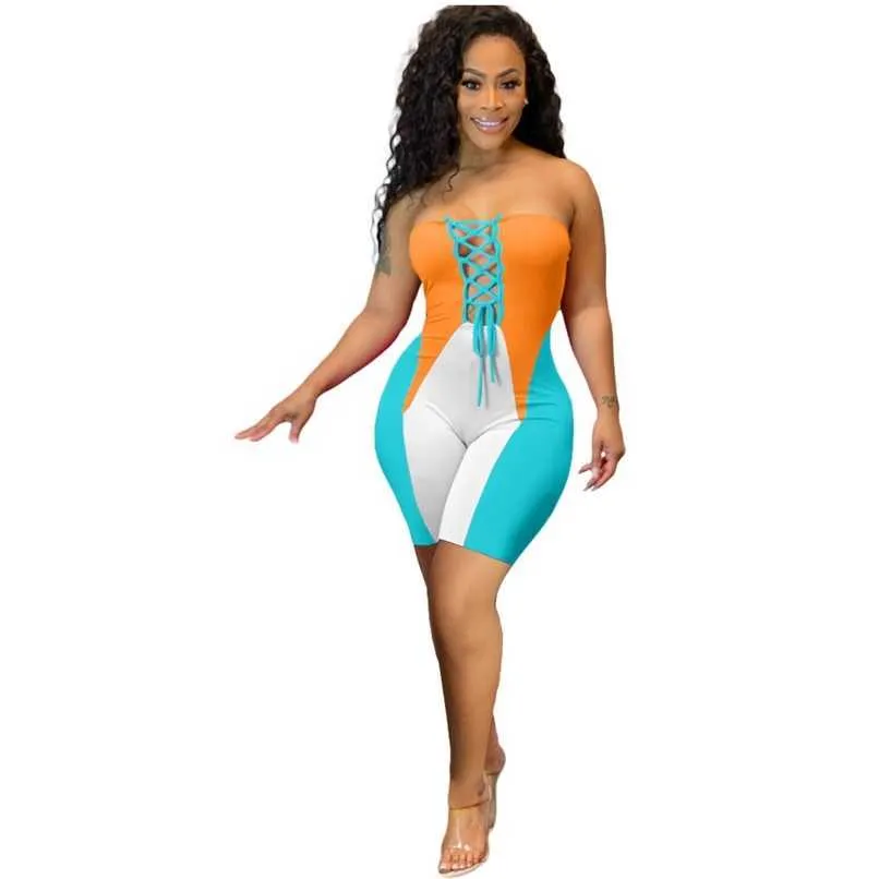 Letnia Streetwear Patchwork Sexy Romper Kobiety Bodycon Bandaż Outfit Bez Rękawów Spodenki Spodenki Kombinezon Kobiet 210525