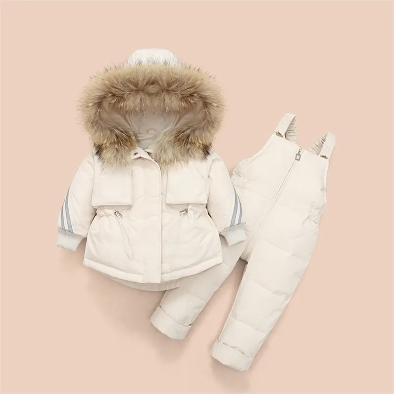 Zima Dzieci Odzież Zestawy Snow Suit Kurtki + Kombinezon 2 sztuk Zestaw Baby Boy Girls Duck Down Płaszcze Toddler Girl Odzież 210916