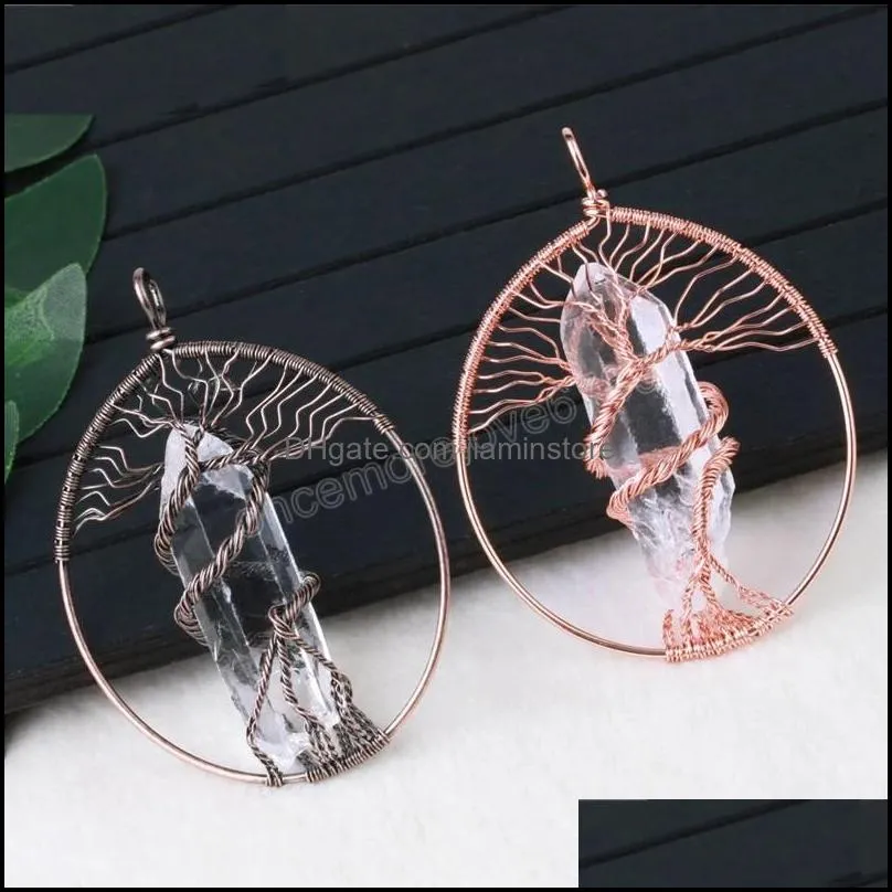 Tree of Life Pendant with Stones Natural Stone Pendants for Necklace Jewelry Making Wire Wrapped Rock Crystal Quartz(no chain)