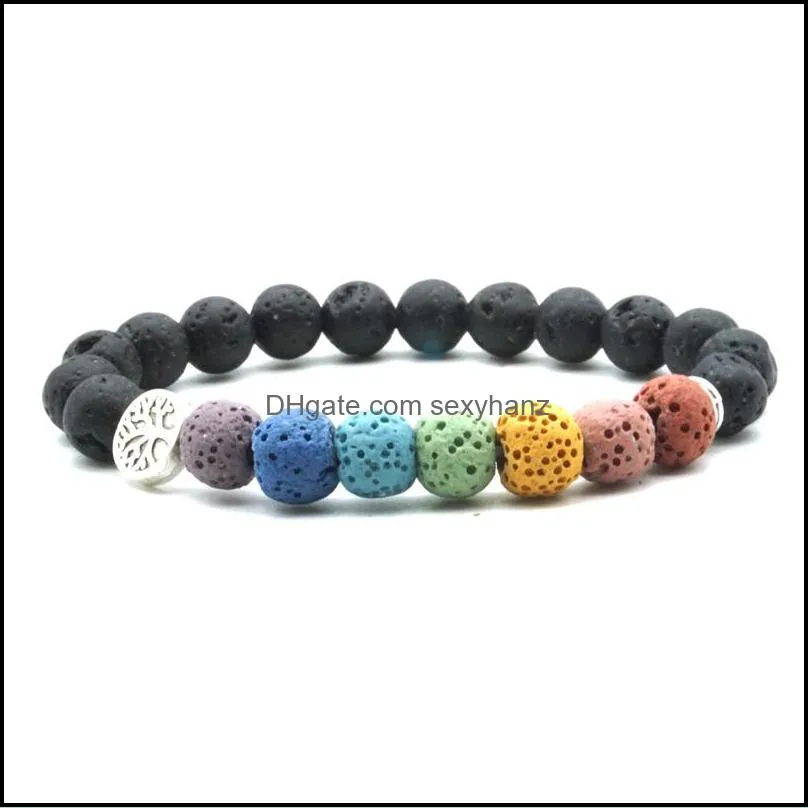 Mens Black Lava Stone strand Bracelets Tree of Life Charms 7 Chakra Beads Bracelet Women Fashion Jewelry