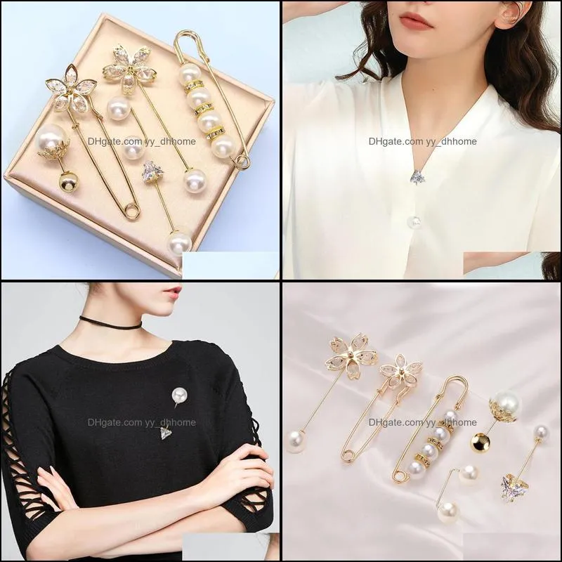 Pins, Brooches 6Pieces Set Fashion Pearl Brooch Cute Creative Fixed Clothes Crystal Decorative For Women Anti-Exposure Neckline Buckle