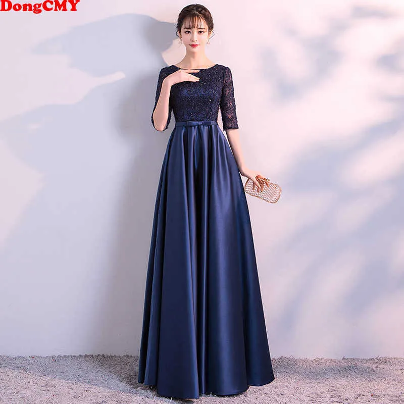 Dongcmy Long Formal Evening Dresses Elegant Lace Satin Navy Blue Vestidos Women Party Gown SH190827