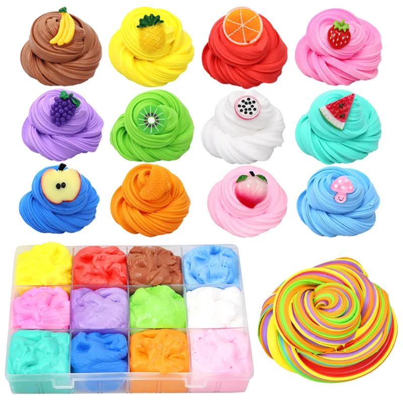 12 couleurs / Set 250 ml Fluffy Slime Jouets Mastic Argile Douce Antistress Lumière Plasticine Slimes Fournitures Sable Fidget Gomme Polymère pour enfants 0372