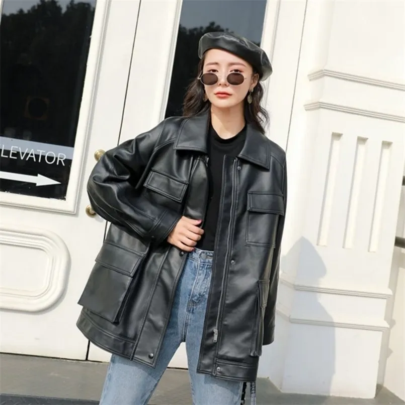 FMFSSOM Spring Autumn Four Big Pocket Chic Loose Design Biker BF Vintage Women Lady Pu Leather Jacket Leather Moto Jacket 210916