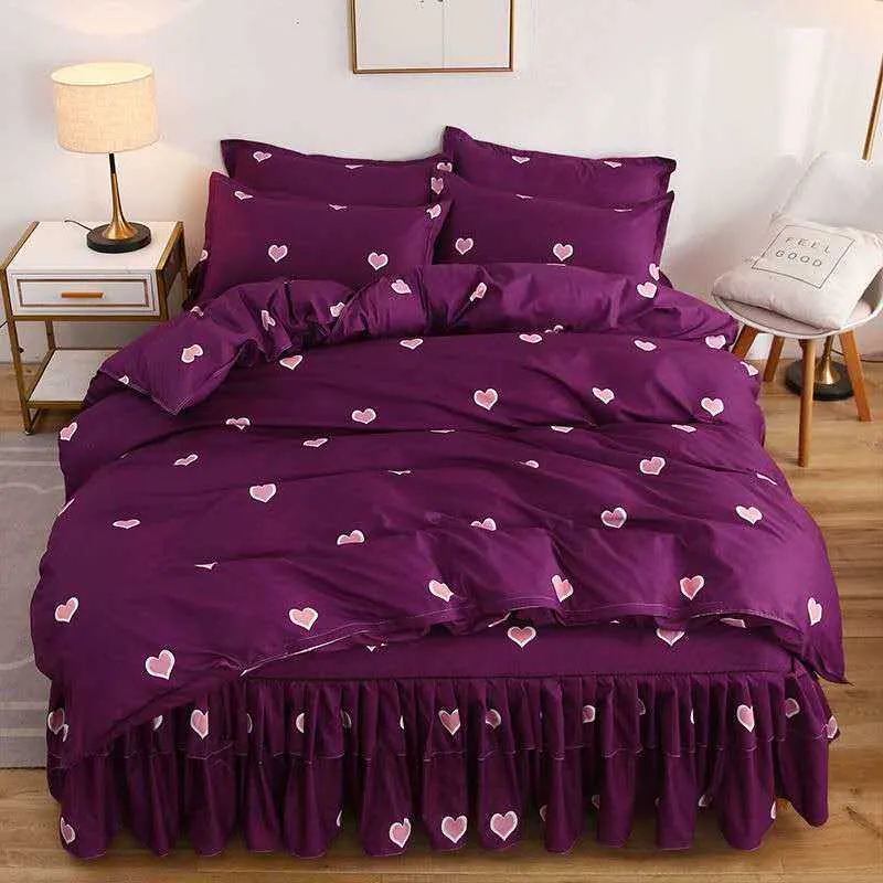 4PC / set Bed kjol +2 örngott + Duvet Cover Polyester Sheet för bröllop Housewarming Gift med elastiskt band 210706