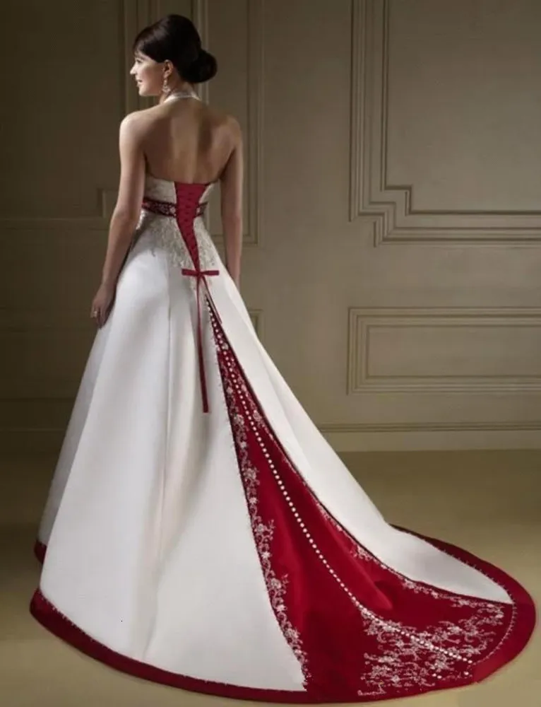 Hot Selling White and Red Embroidery Wedding Dresses New Beaded Sweep Train Sleeveless A-Line Satin Halter Bridal Gowns Custom Made W889