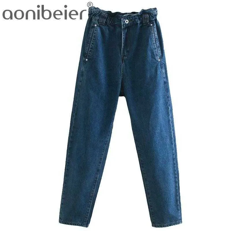 Mode Frauen Lose Schaden Jeans Hosen Lange Hosen Strethy Taille Taschen Tasten Weibliche Denim 4 Farbe 210604