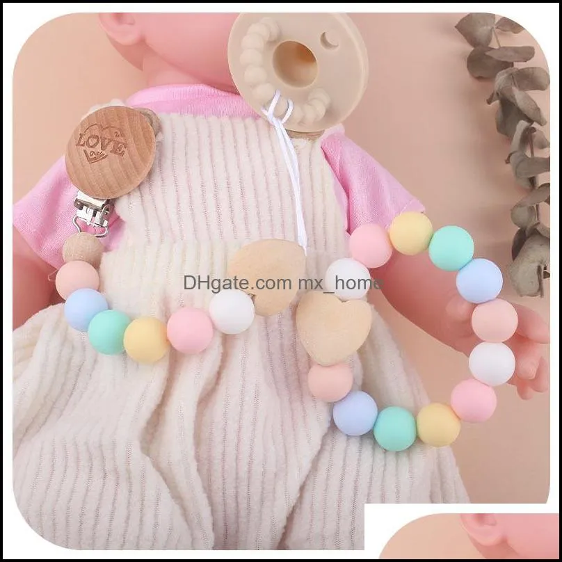 Baby Pacifier Holders Chain Clips Weaning Teething Natural Wooden Silicone Beads Pacifiers Newborn Teeth Practice Toys Infant Feeding Teether 2Pcs/Sets