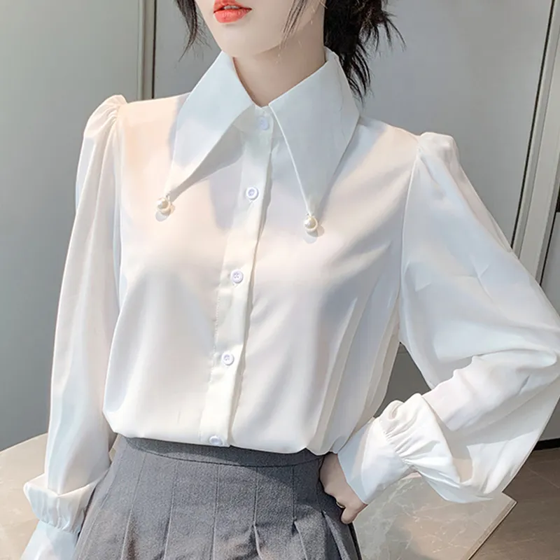 Blouse Femmes À Manches Longues Blouse Blanche Femmes Chemises Tops Turn Down Col Chemisier En Mousseline De Soie Chemise Femmes Blouses Blusas D411 210426