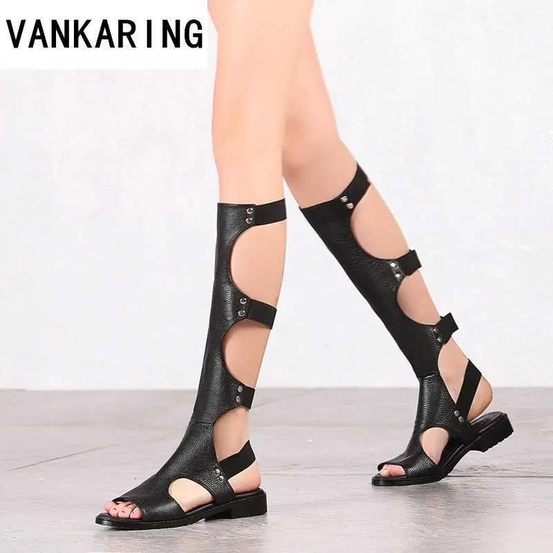 design classico moda gladiatore sandali estivi donna stivali alti al ginocchio signore sexy ritagli stivali neri scarpe eleganti in pelle donna 210911