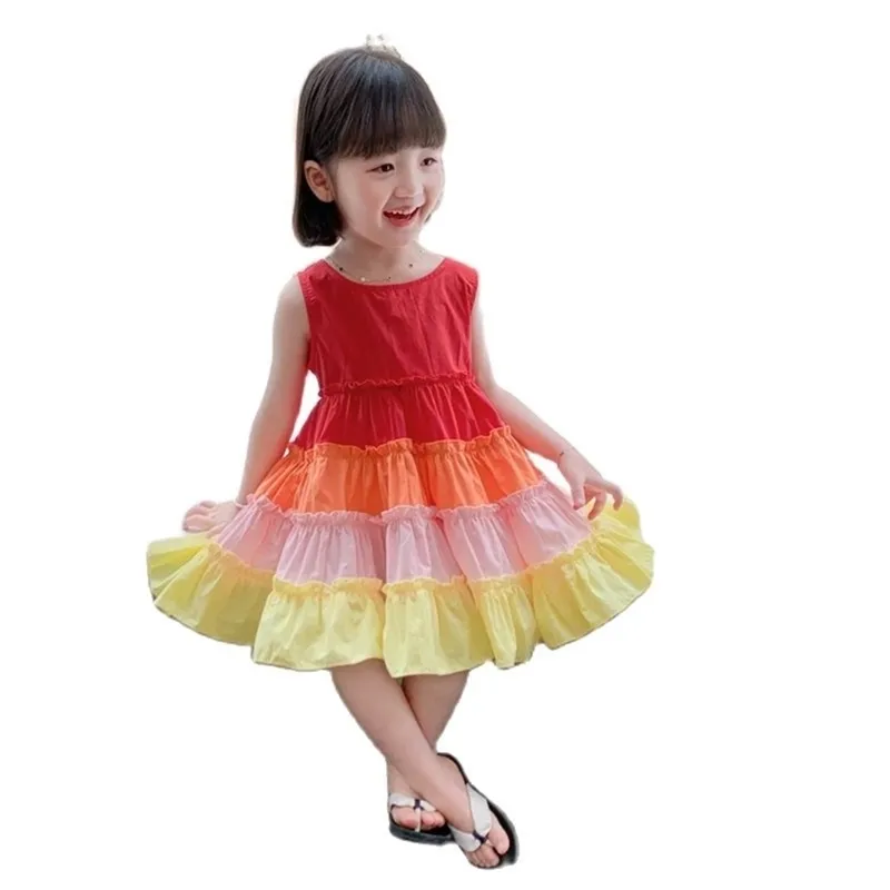 Meninas verão vestido sem mangas bolo de arco-íris de crianças net princesa vermelha P4552 210622