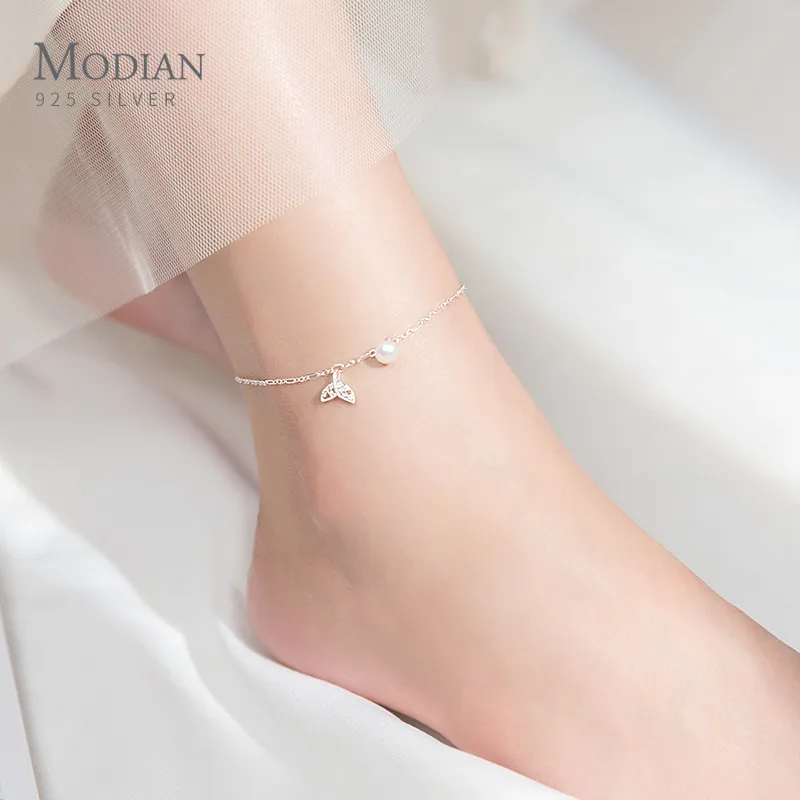 Modian Elegante 925 Sterling Silver Silver Sray Cauda com encantos Ajustável Corrente de perna de tornozeleira para as mulheres Charm Clear Cz Foot Jóias
