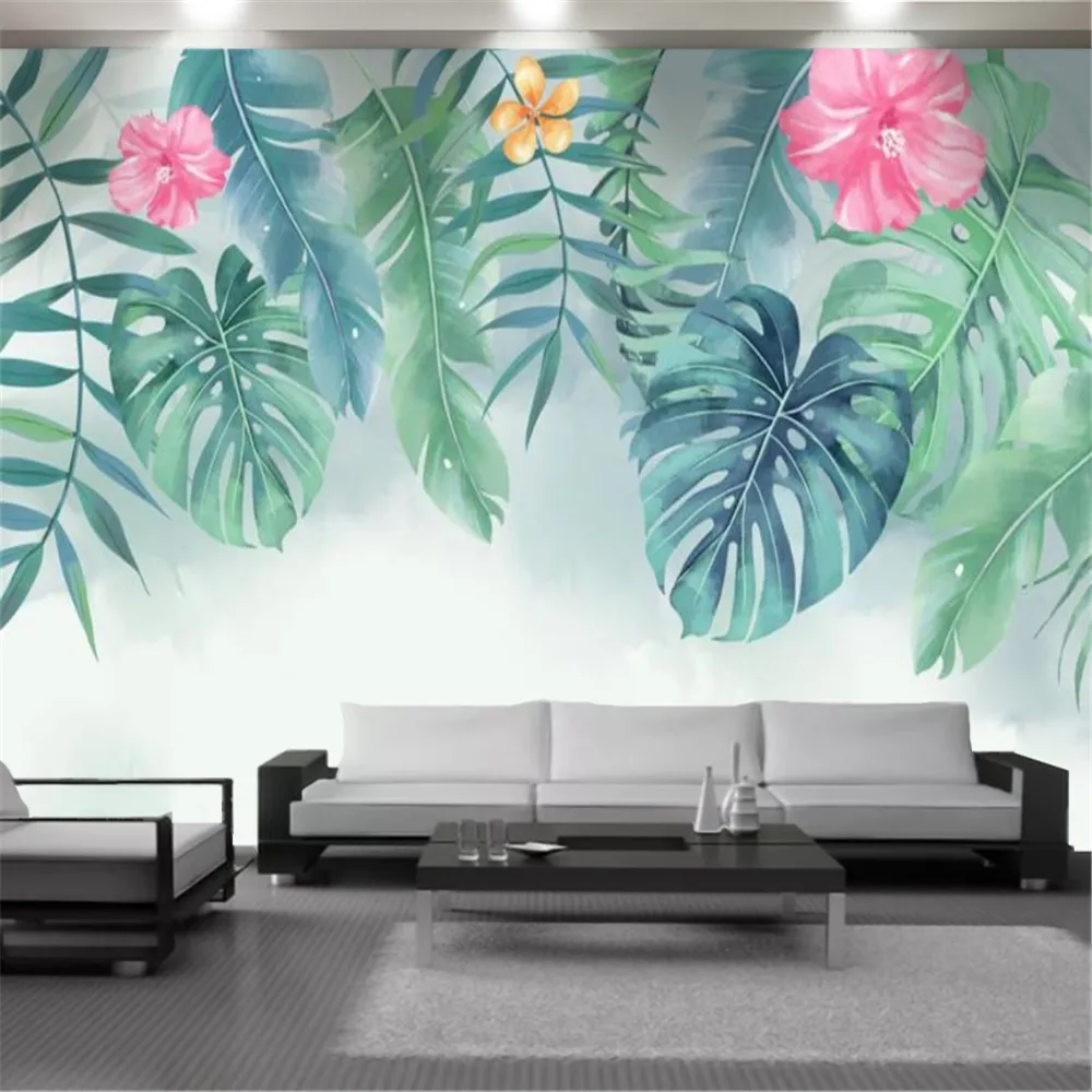 Europeia 3d papel de parede verde folhas grandes e lindas flores interior decoração casa sala de estar quarto pintura mural papéis de parede