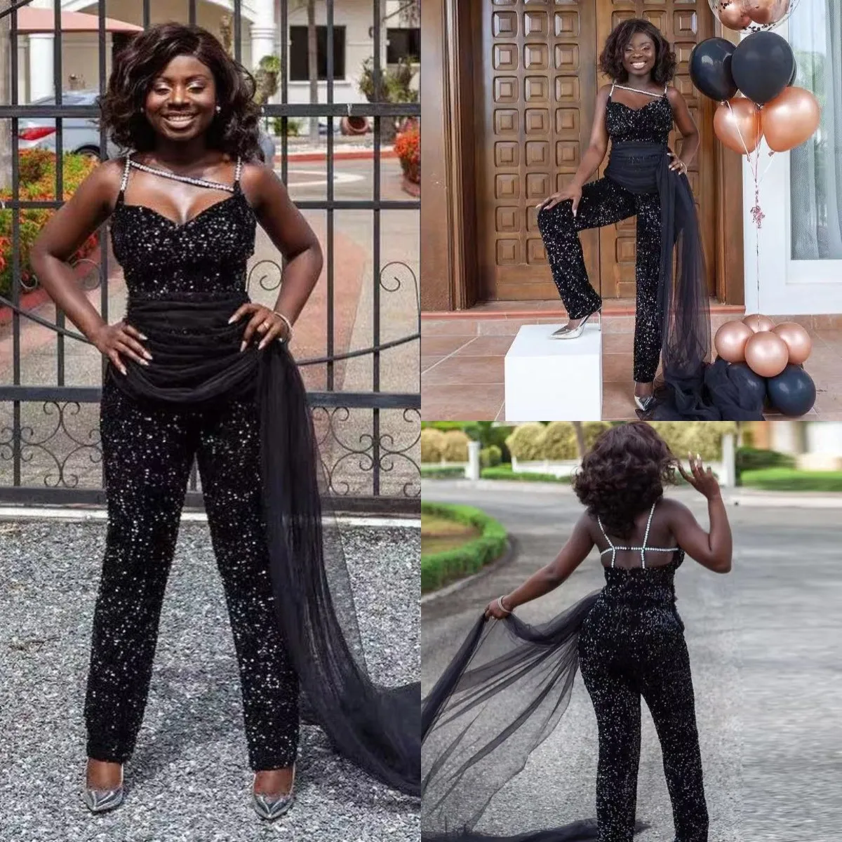 Black Sequin Jumpsuit Prom Jurken Spaghetti Strap Tule Overskirt Avond Party Outfit Enkle Lengte Speciale Denkenbroek Robe de Soiree