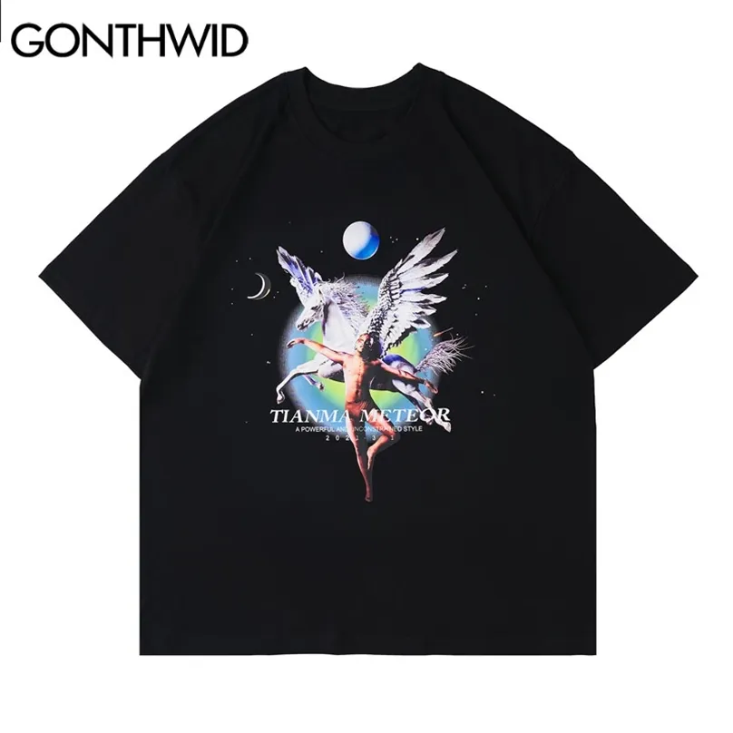 T-shirts surdimensionnés Chemises Harajuku Wing Horse Imprimer T-shirts Streetwear Hip Hop Casual Summer Fashion Coton T-shirts Tops 210602