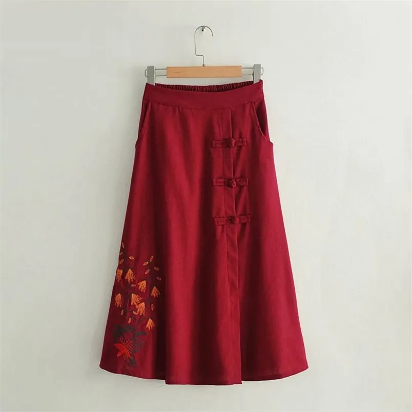 フォークスタイルの女性Aラインスカート弾性ウエストビンテージ刺繍コットンリネンロングボタンデザイングリーンMIDI D421 210512