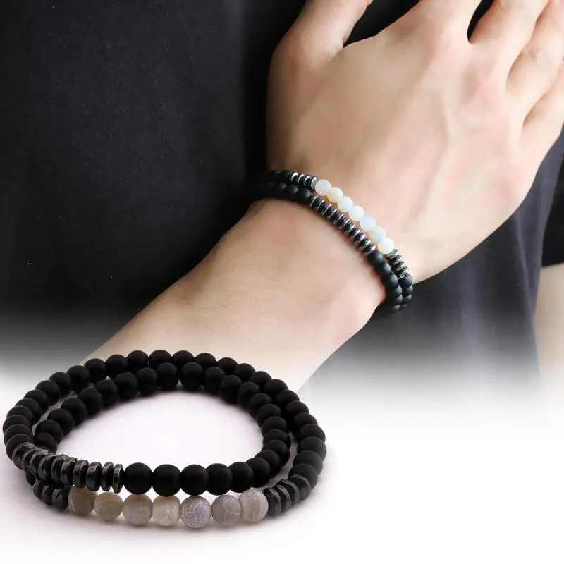 Tesbihane Double Row Sphere Cut Agate-Hematite-Onyx Natural Stone Bracelet Bangle