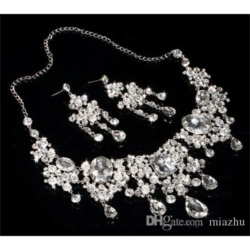 Fashion Prom Jewelry SET Clear Rhinestone Crystal Earrings Necklace Set Bridal Wedding Party Gift