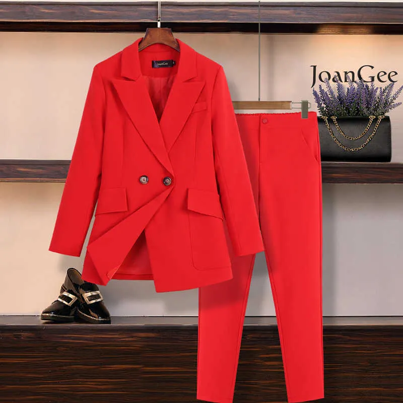 M-5XL grote maat vrouwen pak broek set herfst en winter casual professionele rode jas blazer casual broek van twee 210930
