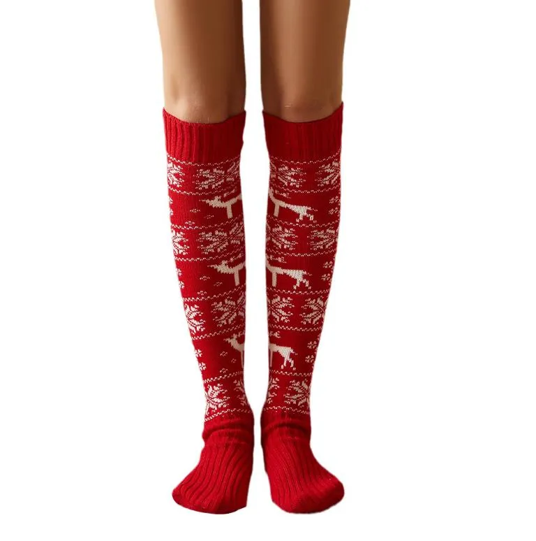 Xmas Chaussettes Femmes Noël Tricoté Cuissardes Bas Doux Confortable Elk Flocon De Neige Sur Genou Botte Bonneterie